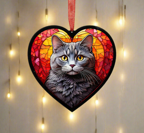 British Shorthair Cat Stained Glass Effect Heart Suncatcher